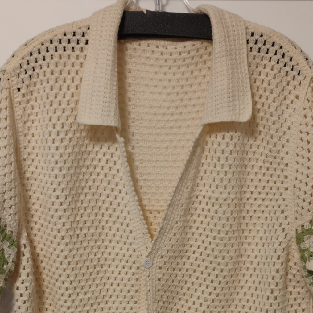 Cream and Green Crochet Men's Shirt - Picture 2 of 4